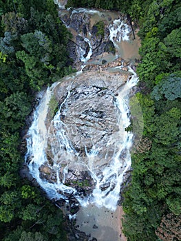 Aerial view of a forest landscape featuring a picturesque waterfall