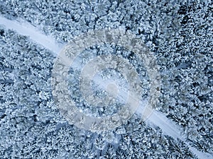 Aerial view of a forest road in the winter