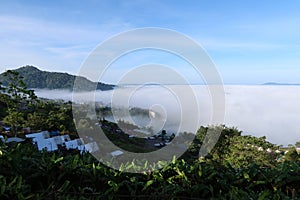 Aerial view, forest, trees, fog, beautiful Thailand, winter, selectable focus, Khao Kho viewpoint, Phetchabun, Thailand