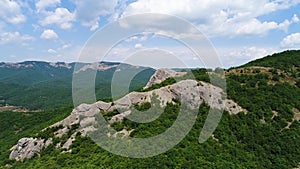 Aerial view of forested mountain slopes, summer landscape. Shot. Breathtaking green vegetation growing on high hills on