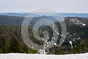 Aerial view of forested mountains in winter