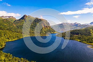 Aerial view of forests and a lake in Lofoten Islands, Norway