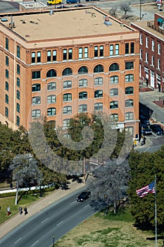 Aerial view of the former Texas School Book Depository Building in Dealey Plaza, Dallas.