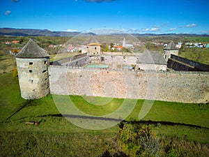 Aerial view of the fort Bzovik and village of Bzovik during autumn