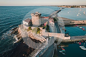 Aerial view of Fort de Socoa at sunset, with unique flysch landform in Ciboure and Saint-Jean-de-Luz, France