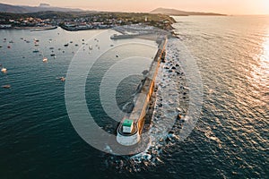 Aerial view of Fort de Socoa at sunset, with unique flysch landform in Ciboure and Saint-Jean-de-Luz, France