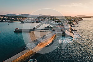 Aerial view of Fort de Socoa at sunset, with unique flysch landform in Ciboure and Saint-Jean-de-Luz, France