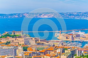 Aerial view of Fort Saint Jean, Fort Saint Nicholas and Pharo Palace at Marseille, France