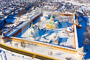 Aerial view of fortified Zaraysk Kremlin in winter, Russia