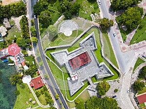 Aerial view of Fortress de San Felipe Bacalar and surroundings