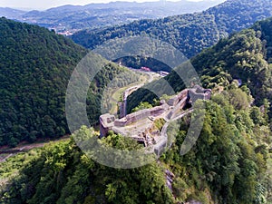 Aerial view of Fortress Poenari near Arefu, Arges County, Romania