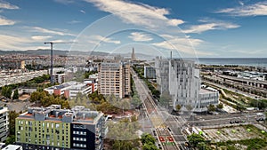 Aerial view of Forum area, Diagonal Mar district, sea, port and avenue of Eduard Maristany in Barcelona, Spain.