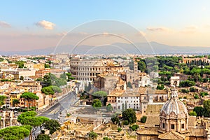 Aerial view of Forum, Capitoline Hill, Coliseum, Rome, Italy