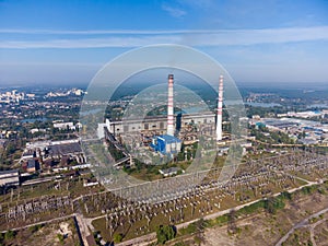 Aerial view of fossil fuel thermal power station