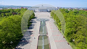 Aerial view of fountains and Government House of the KBR at the Concord Square in Nalchik, Kabardino-Balkarian Republic in Russia