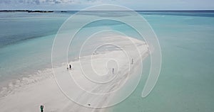 Aerial view of four people walking along sandy coast