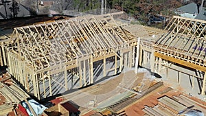 Aerial view of framing of house under construction