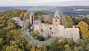 Aerial view of Frankenstein Castle in southern Hesse, Germany