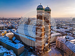 Aerial view of the Frauenkirch Cathedral on a winter evening