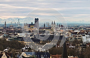 Aerial view of Frauenkirche with Alps Panorama in Munich, Germany