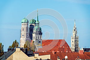 Aerial view with Frauenkirche, Neues Rathaus and Peterskirche, Munich, Germany