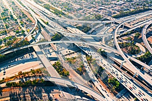 Aerial view of a freeway intersection in Los Angeles