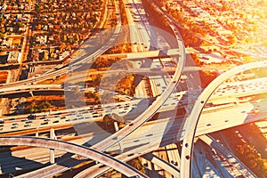 Aerial view of a freeway intersection in Los Angeles