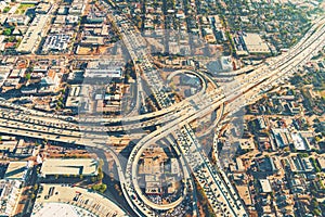 Aerial view of a freeway intersection in Los Angeles