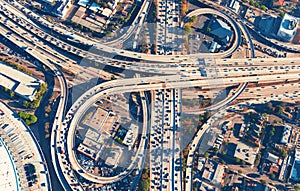 Aerial view of a freeway intersection in Los Angeles