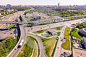 Aerial view of a freeway intersection. Road junctions in a big city
