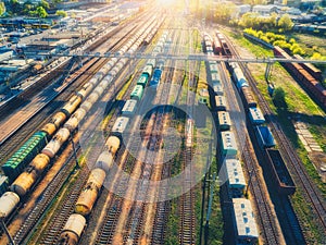 Aerial view of freight cargo trains. Railway station