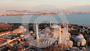 Aerial view of freight ship with cargo containersDrone Shots Of Istanbul Hagia Sophia Museum at Sunrise. Hagia Sophia mosque