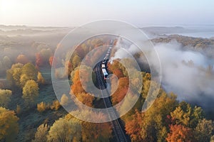 Aerial view of freight train in beautiful forest in fog at sunrise in autumn. Colorful landscape with railroad