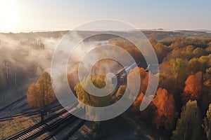 Aerial view of freight train in beautiful forest in fog at sunrise in autumn. Colorful landscape with railroad
