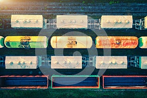 Aerial view of freight trains. Railway cargo wagons