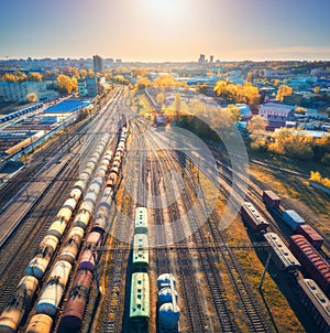 Aerial view of freight trains on railway station at sunset