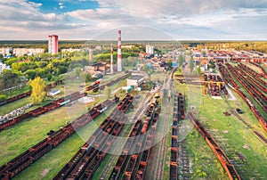 Aerial view of freight trains. Railway station with wagons