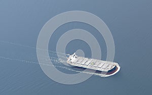 Aerial view of a freighter ship.