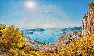 Aerial view of French Riviera coast with medieval town Villefranche sur Mer, Nice, France