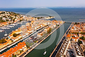 Aerial view of French seaside town of Martigues on Mediterranean coast