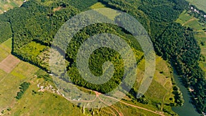 Aerial view of the fresh green forests and fields.