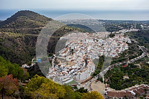 Aerial view of Frigiliana, Spain, with scenic mountains