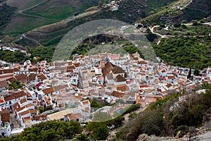 Aerial view of Frigiliana, Spain, showcasing its scenic beauty from a mountaintop perspective