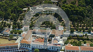Aerial view frome drone Panormitis monastery, Symi island, Greece is the most important place of pilgrimage for the