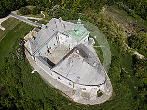 Aerial view frome drone to the historic castle and park in Olesko