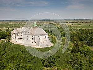 Aerial view frome drone to the historic castle and park in Olesko, Lviv region, Ukraine