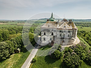 Aerial view frome drone to historic castle and park in Olesko, Lviv region, Ukraine