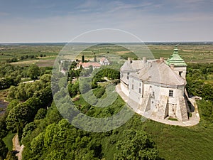 Aerial view frome drone to historic castle and park in Olesko, Lviv region, Ukraine