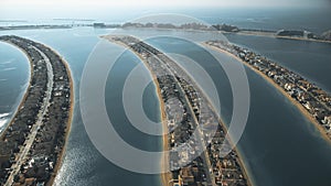 Aerial view of the fronds of the Palm Jumeirah island, UAE