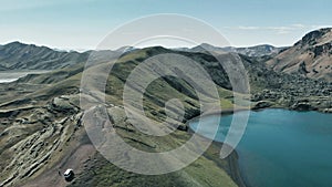 Aerial view of Frostastadhavatn lake. Landmannalaugar, Fjallabak Nature Reserve in the Highlands of Iceland